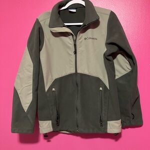 Columbia Grey and Tan Raincoat with High Collar.